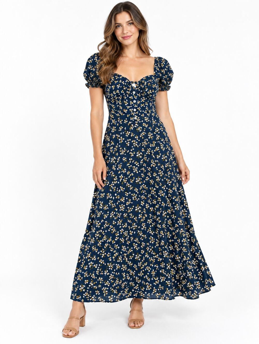 Altar’d State Navy Floral Puff Sleeve Maxi Dress Size S Button Front Cottagecore